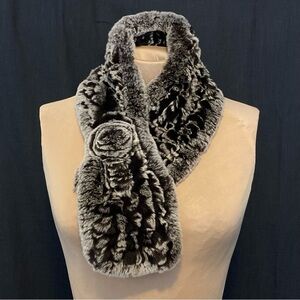 Ugent Furs Black & Grey Rex‎ Rabbit Knitted Scarf with Rosette